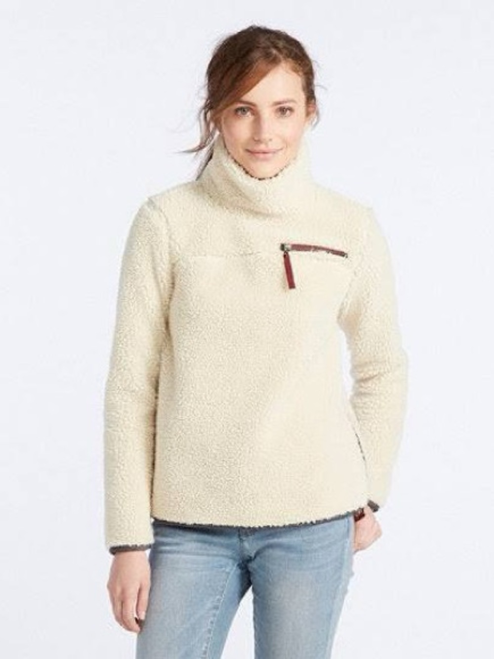 LL Bean Signature Ivory Sherpa Mock Neck Pullover Chest Pocket Gorpcore Side Zip